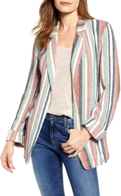 Chaqueta Caslon Talla 1X Blazer Mezcla Lino Tejido Rayas Pestaña Enrollable Mangas Bolsillos Foto 1 de 4