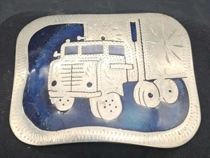 Vintage Handmade Engraved Truck Inlay Western Belt Buckle Silver w/Blue Accents - Picture 1 of 3