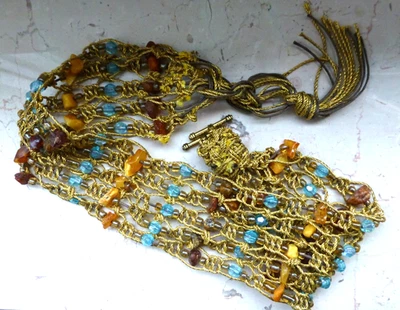 Halsband Bernstein Kette gold türkis lagune geflochten Retro Look Vintage Style - Bild 1 von 4