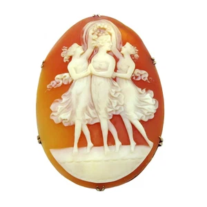 Beautiful Antique 10K Gold Large Shell Cameo The Three Graces Brooch Pin - Picture 1 of 6