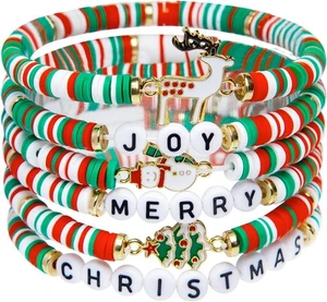 Artlunar 6 Pack Christmas Bracelets: Joy & Merry Candy-Style Stacks for... - Picture 1 of 6