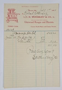 1909 Brewer Maine Woodbury Glenwood Ranges & Heaters Receipt Billhead Letterhead - Picture 1 of 4