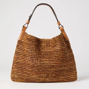 Sac à main fourre-tout bandoulière Proenza Schouler étiquette blanche Minetta marron raphia paille - Photo 1 sur 7