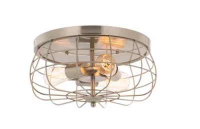 Merra 15 in. Industrial 3-Light Brushed Nickel Metal Cage Flush Mount - Image 1 of 4