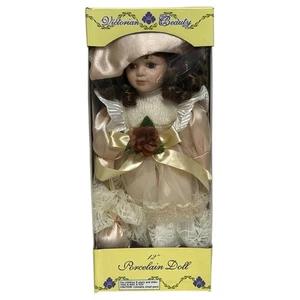NIB Victorian Beauty Porcelain Doll 12" Curly Auburn Hair Pink Lace Dress Purse - Picture 1 of 11