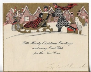 Biglietto di Natale Vintage ART DECO 5x4 Uomo che Spinge Signora in Slitta su Ghiaccio Plaid Sciarpa - Foto 1 di 2