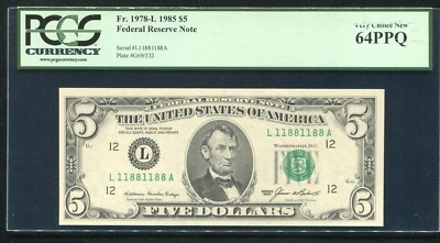 FR. 1978-L 1985 $5 FRN “BINARY REPEATER S/N L11881188A” PCGS UNCIRCULATED-64PPQ - Image 1 of 2