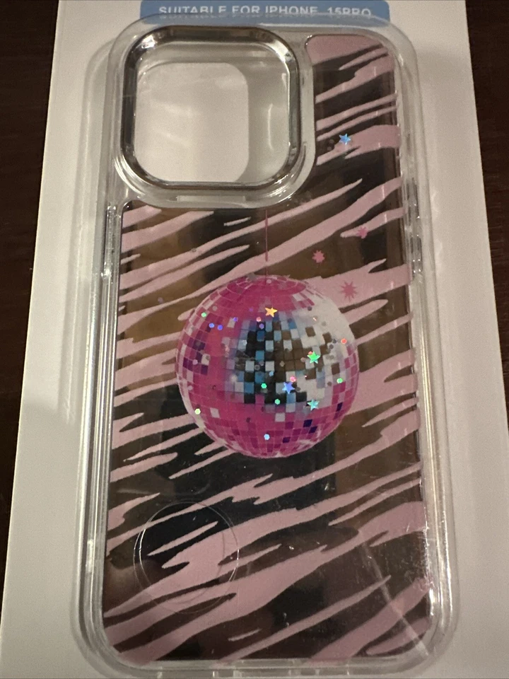For iPhone 15 Pro Pink Zebra Pattern Disco Ball Case - Image 1 of 4