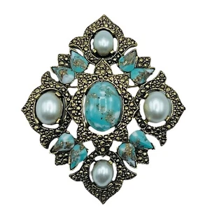 Sarah Coventry Remembrance Faux Turquoise & Faux Pearl Brooch Pin Pendant Vtg - Picture 1 of 7