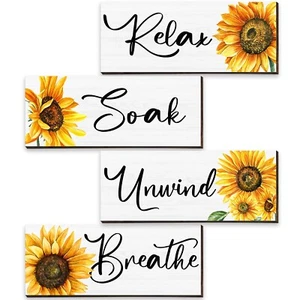 Roowest 4 Pieces Relax Soak Unwind Breathe Wood Signs Relax Soak Sunflower Wo... - Picture 1 of 7