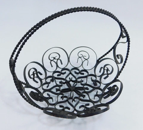 Vintage Black Ornate SCROLLED WROUGHT IRON BASKET WITH HANDLE Fruit Veg. Display Cover