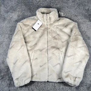 Nike NSW Plush Faux Fur Swoosh Jacket Size 2XL Women Light Bone DQ6842-072 - Picture 1 of 6