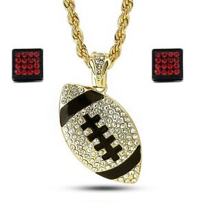 Football Pendant Twist Rope Chain 30"Inch Gold PT Hip Hop and Earrings Set