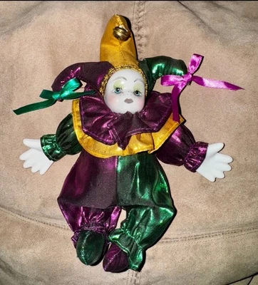 Vintage Porcelain Jester Clown Doll 8” Green Purple Gold  - Image 1 of 4