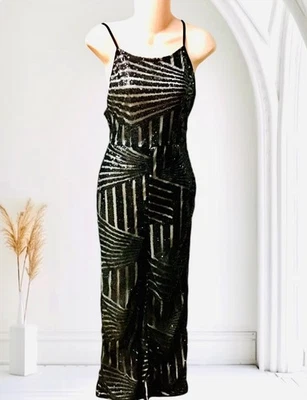 Mono Largo Vintage Geométrico Negro Malla Lentejuelas Halter Sin Espalda Talla M Foto 1 de 4