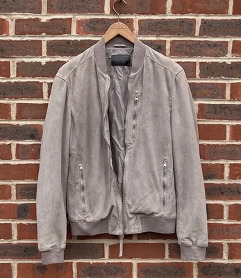 All Saints Mens KEMBLE Suede Bomber Jacket MEDIUM Grey Biker Leather AllSaints - Image 1 of 4
