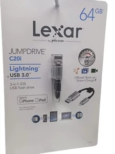 Lexar 64GB JumpDrive C20i Lightning to USB 3.0 Cable with Built-In Flash Drive - Picture 1 of 3