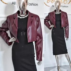 Damen Kurze Kunstlederjacke Bordeaux Offene Jacke Bikerjacke Öko Leder Blazer - Bild 1 von 10
