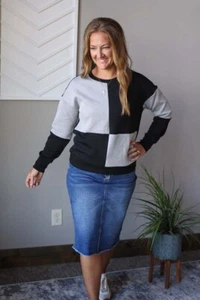 Black Colorblock Textured Top Fall Winter Blouse for Work, Teacher, Family Pictu - Picture 1 of 6