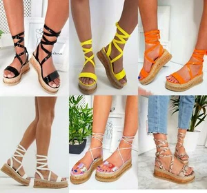 Mujer Damas Plataforma Cuña Plana Encaje Atar Alpargata Verano Sandalias Zapatos - Imagen 1 de 4