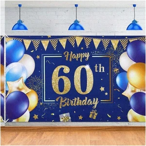 Navy Gold Glitz 60th Birthday Celebration Banner: Stylish Backdrop for Men & Wom - Picture 1 of 7