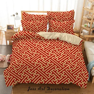 3D Chinese Red Geometry Pttern Quilt Cover Set Duvet Cover Bedding Pillowcases - Picture 1 of 6