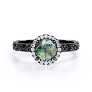 Moss agate engagement ring, Green mossy gemstone & moissanite ring, Christmas - Picture 1 of 8