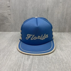 Vintage 3 Stripe Trucker Hat Cap Snapback Blue Florida Vacation Destination Mesh - Picture 1 of 5
