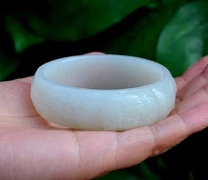60mm Natural White Nephrite Jade Chunky Bangle Carved Peony Flower w Certificate - Picture 1 of 12