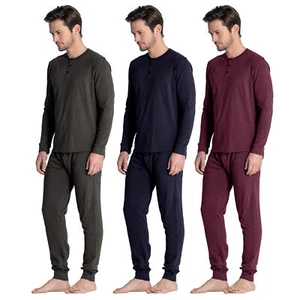 Mens Pyjamas Sets PJ's Nightwear Loungewear Button Up Long Sleeve Henley Tops - Picture 1 of 13