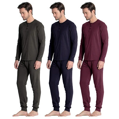Mens Pyjamas Sets PJ's Nightwear Loungewear Button Up Long Sleeve Henley Tops