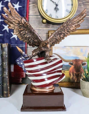 Patriotic Bald Eagle With Spread Out Wings Clutching On American Flag Statue - Image 1 of 4