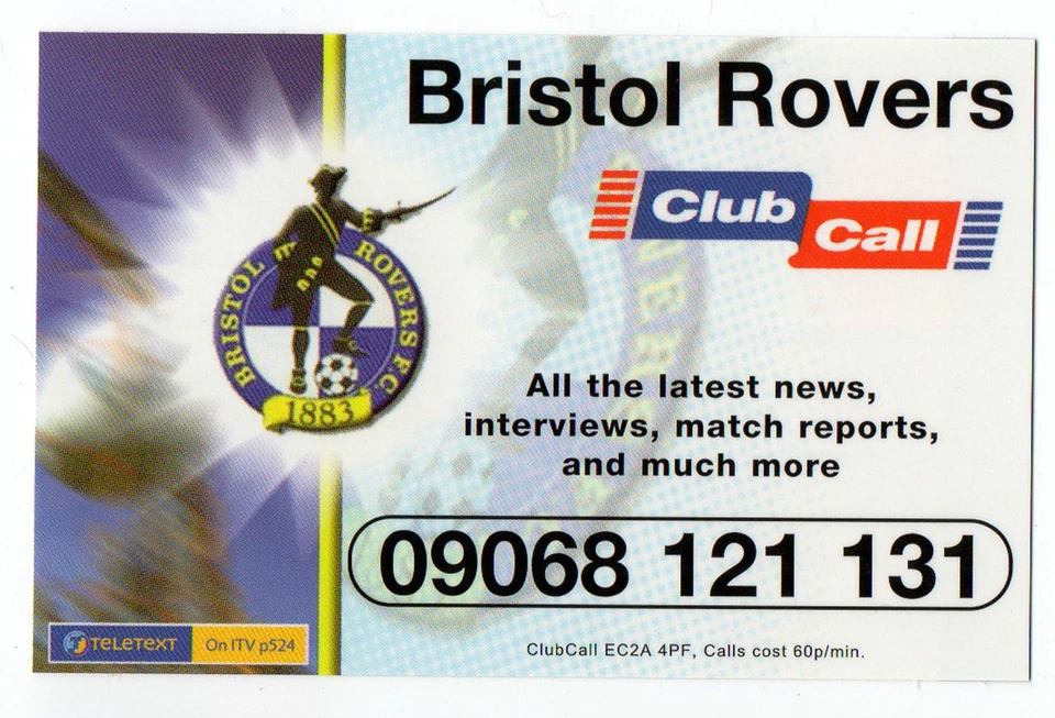 ClubCall Club Call Football Fixture List Card 2001-2002 Season - Bristol Rovers - Image 1 of 1