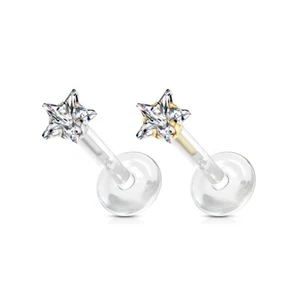 Star labret helix bar in bio flex push fit with clear Crystal star gold , silver - Picture 1 of 5