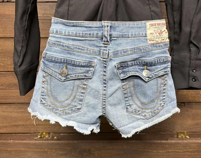 True Religion Joey Cut Off Shorts Women Size 31 Denim Low Rise Lace Up Raw Hem - Image 1 of 4