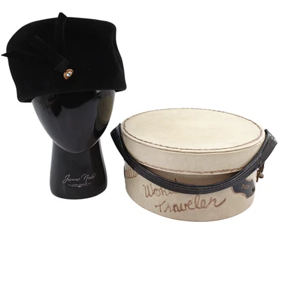 Sombrero Pastillero Vintage Merrimac Terciopelo Negro Flor de Melocotón EE. UU. Unión Hecho con Estuche Foto 1 de 4