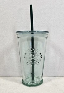 Starbucks Siren Recycled Glass Cold-To-Go Cup Tumbler Lid Straw 16 oz Embossed - Picture 1 of 5