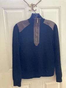 Lauren Ralph Lauren Mujer’s M Negro Suéter Marrón Cuero Hombro Cremallera Ribete - Imagen 1 de 9