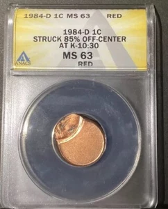 1984 D, Lincoln Memorial Penny, ANACS MS63 RED, 85% OFF-CENTER Error With Date - Picture 1 of 4