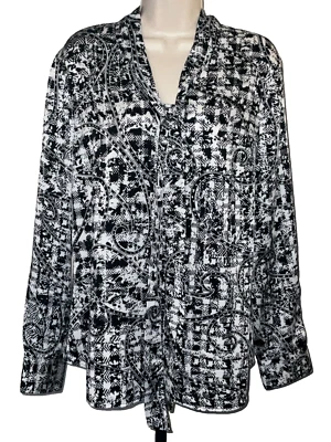 BROOKS BROTHERS White & Black Tie-Neck Modern Paisley Button Up Top Blouse L - Image 1 of 4