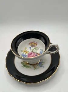 Rosina Bone China Teacup And Saucer Made In England Black And White With Floral - Picture 1 of 8