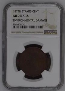 1874H Straits Settlements 1 Cent NGC AU Details - Picture 1 of 8