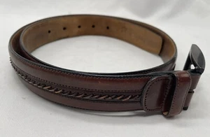 MEZLAN Men Brown Leather Belt Size 34 Stitches Detail Antique M4929 Spain Buckle - Picture 1 of 6