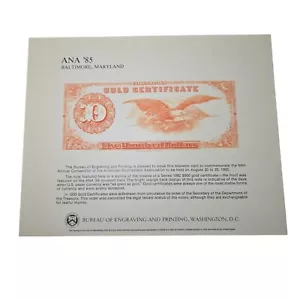 American Numismatic Association Engraving 1985 $500 Gold Coin Certificate Paper - Picture 1 of 5