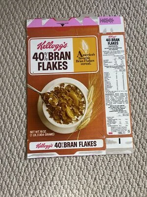 Caja plana de cereales Kellogg’s 40 % escamas de salvado 1983 rara de colección con recetas Foto 1 de 2