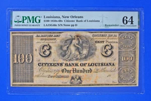 1850-60's Citizens Bank of New Orleans Louisiana $100 Obsolete PMG 64 Choice Unc - Picture 1 of 2