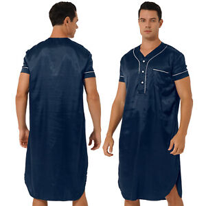 Men Silky Satin Nightshirt Short Sleeve Loose Long Sleep Shirt Pajamas Sleepwear
