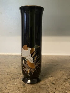 Otagiri Japan For Gibson 6-1/2" Black Duck Bud Vase Gold Trim Water Fowl - Picture 1 of 8