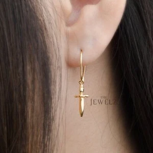 14K Solid Sword Dagger Design Drop Dangle Hook Earrings - The Jewelz - Picture 1 of 5