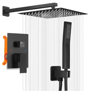 Black Concealed Bathroom Mixer Shower Set 30 cm Square Rainfall Head Hand Spray - Picture 1 of 13